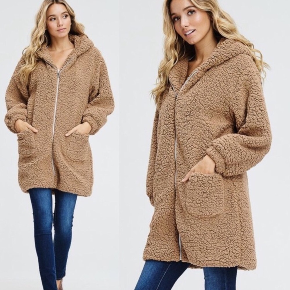 LAST: Large Faux Fur Long Teddy Bear Zip Up Jacket - Picture 3 of 8